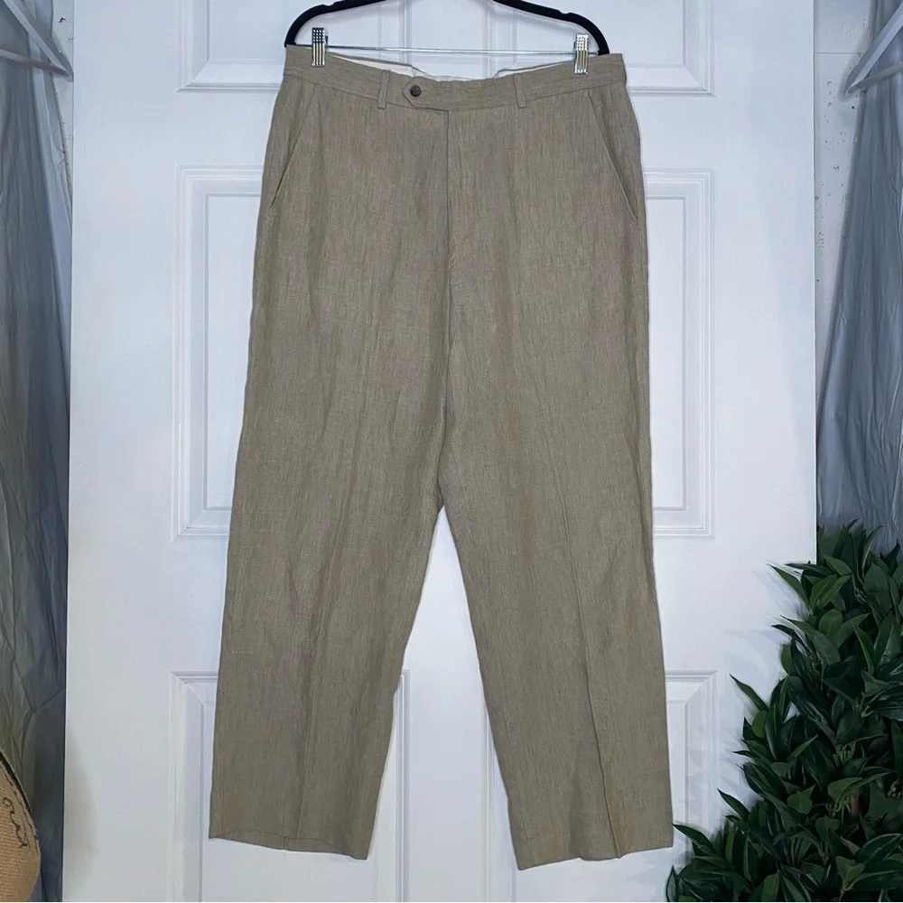 Paul Fredrick Plaid Linen Flat Front Beige Tan Suit Pants Size 36